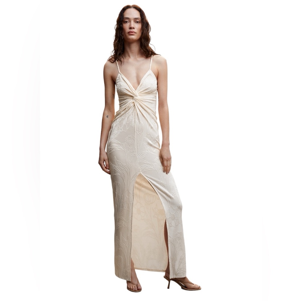 Mango Women's Knot Long Dress with Front Opening Flower Embroidery Beige Size 6